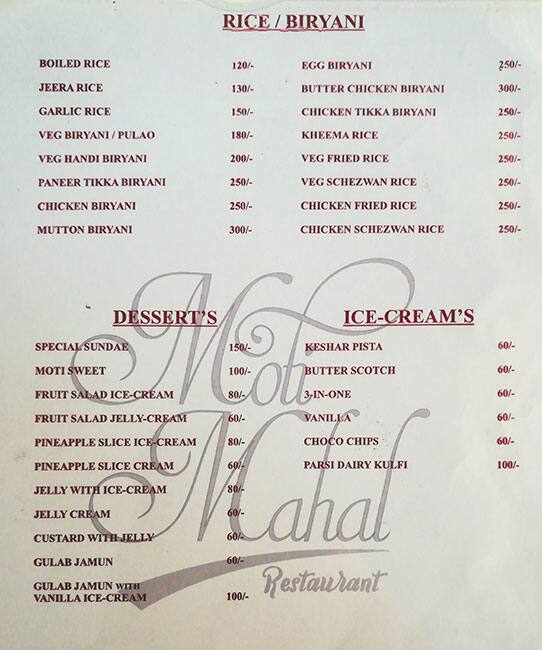 Moti mahal menu