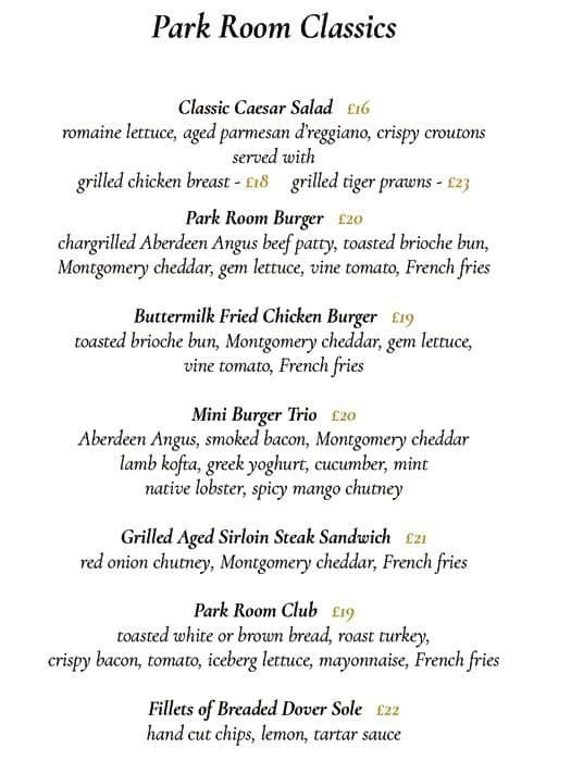 Menu at Park Room and Library - Grosvenor House pub & bar, London