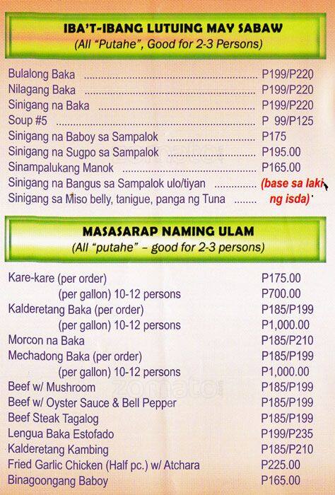 Menu at Aling Nene restaurant, Taguig, GF