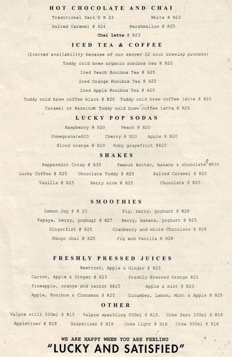 Menu at Lucky Bread Company restaurant, Pretoria