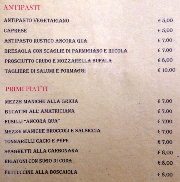 Menu de Osteria Ancora Qua