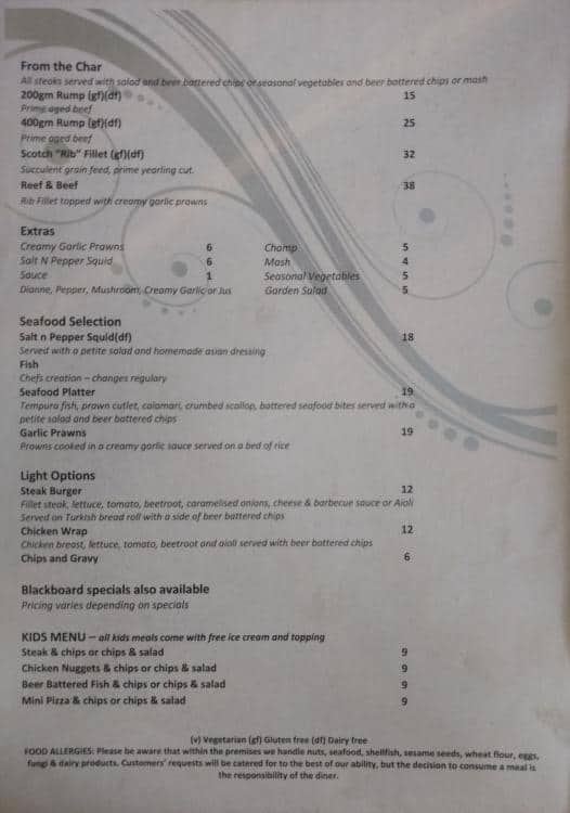 Menu at Rising Sun Hotel pub & bar, Rosewood