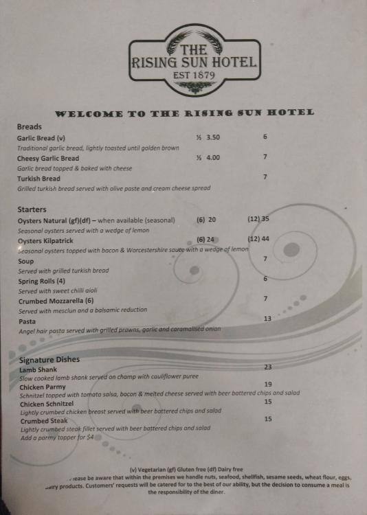 Menu at Rising Sun Hotel pub & bar, Rosewood