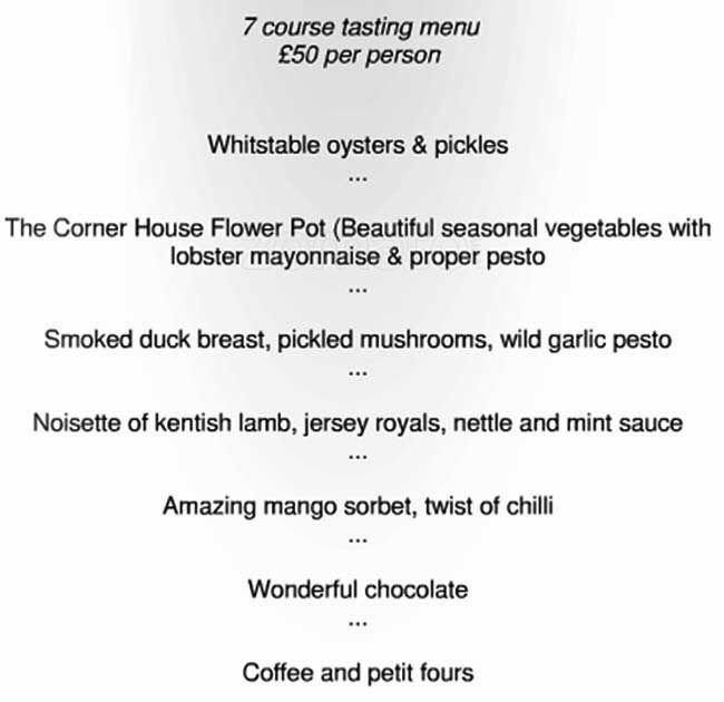 Menu at Corner House restaurant, Minster