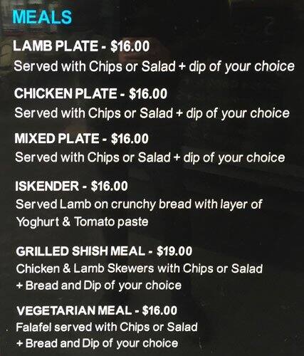 Menu at Aladdin's Kebabs fast food, Williamstown