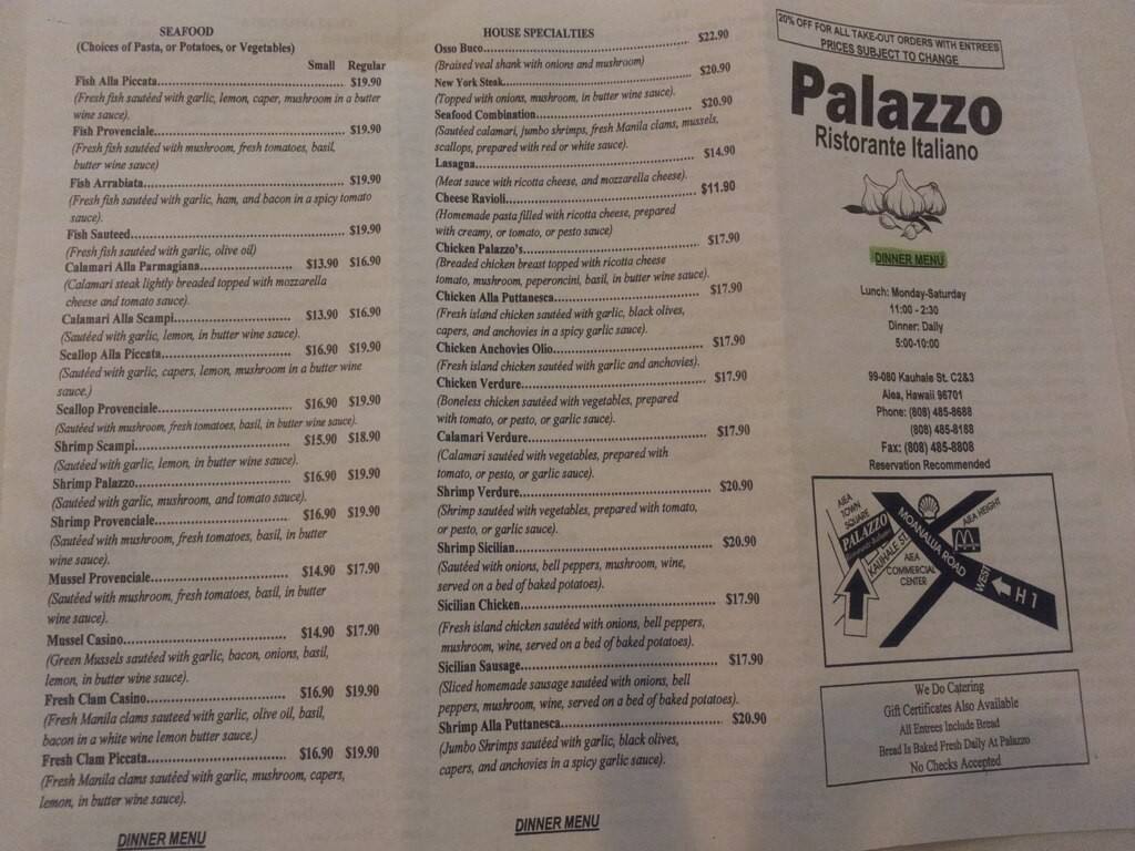 Menu at Palazzo Ristorante Italiano restaurant, Aiea, 99080 Kauhale St