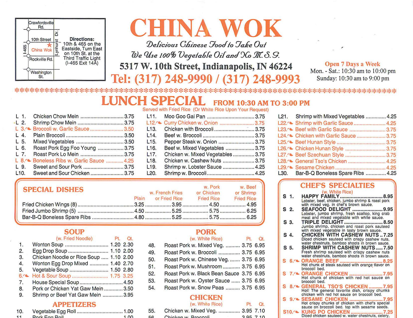 Menu At China Wok Restaurant Indianapolis W 10th St