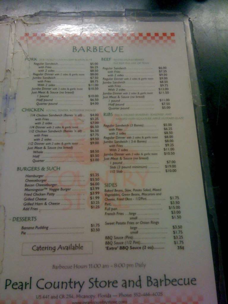 Pearl Country Store & Barbecue Menu Urbanspoon/Zomato