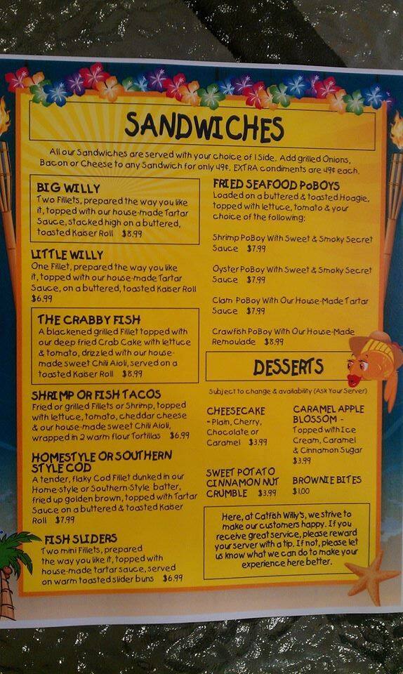 Menu at Catfish Willy's restaurant, Owensboro