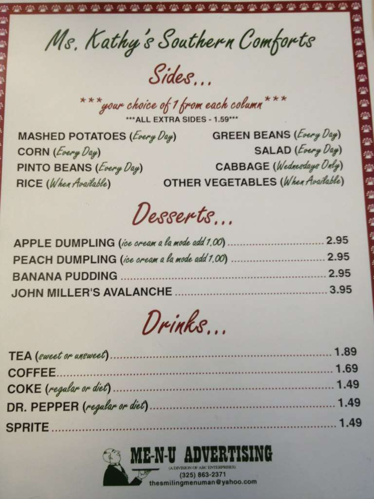 Menu At Mrs Kathys Southern Comfort Restaurant Snyder