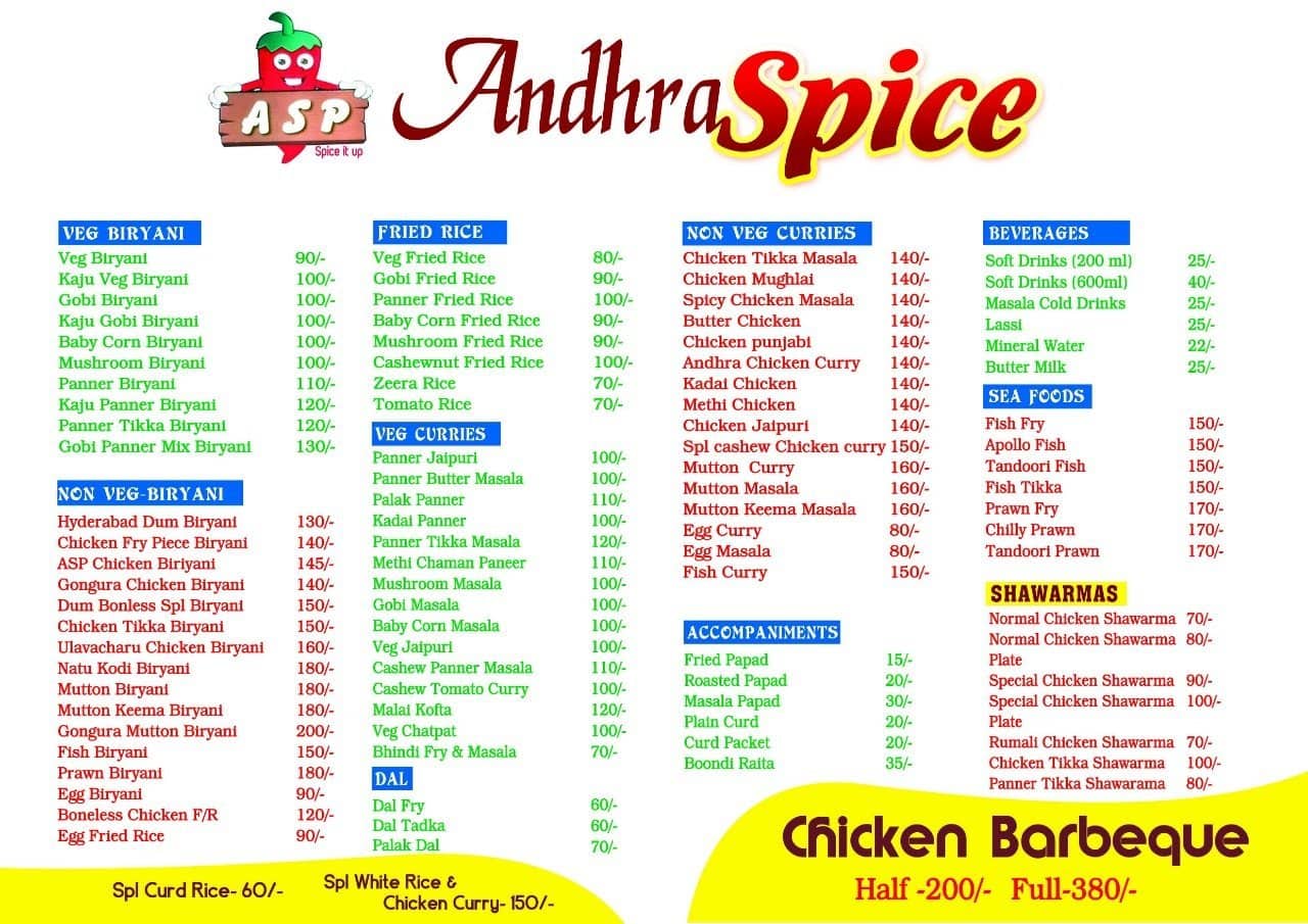 Menu at Andhra Spice Multicuisine Restaurant, Vellore