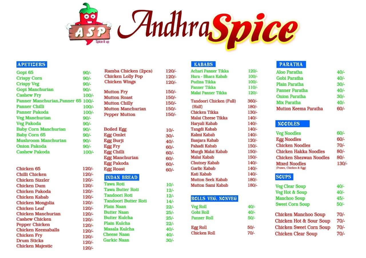 Menu at Andhra Spice Multicuisine Restaurant, Vellore