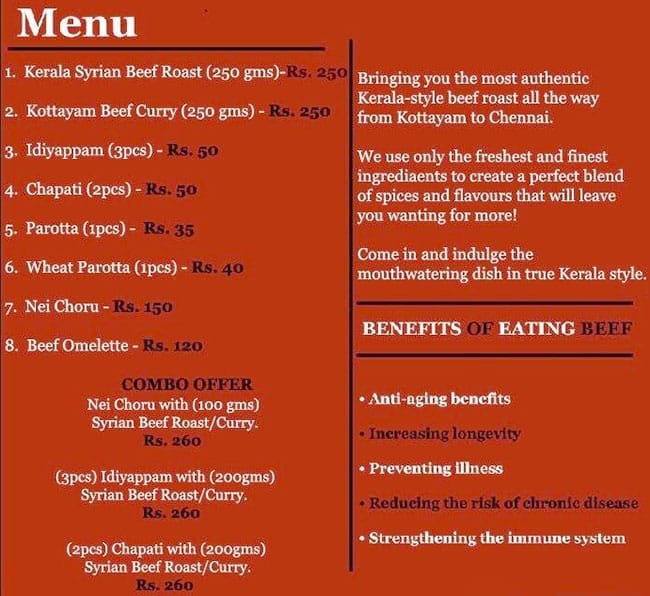 Menu of Kerala Beef Roast, Medavakkam, Chennai