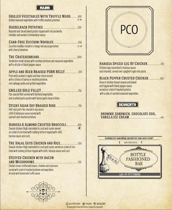 PCO Bar menu