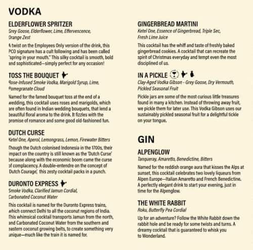 PCO Bar menu