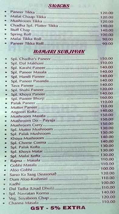 Chadha Bhojnalaya menu