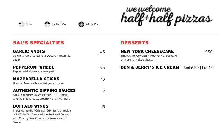 Sal's menu