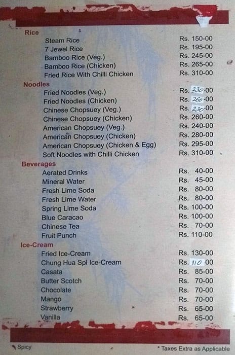 Menu At Chung Hua Secunderabad Plot No