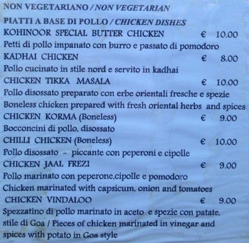 Menu de Kohinoor