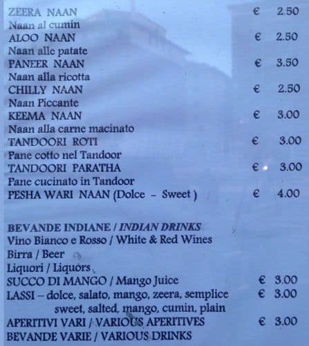 Menu de Kohinoor