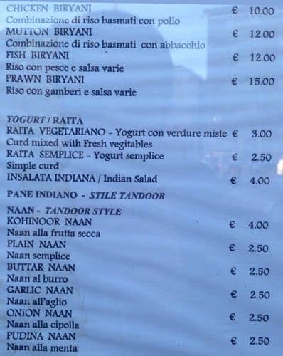 Menu de Kohinoor