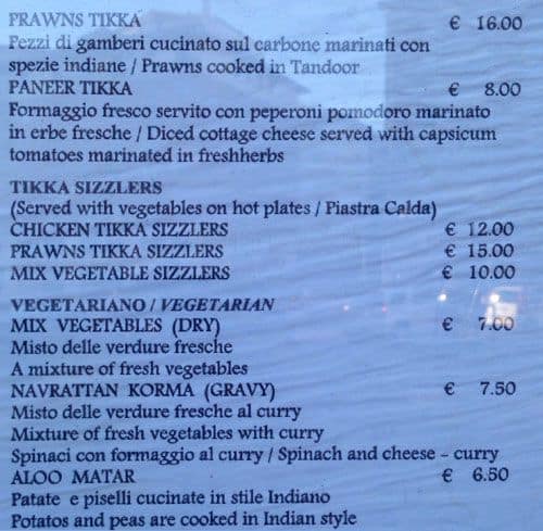Menu de Kohinoor