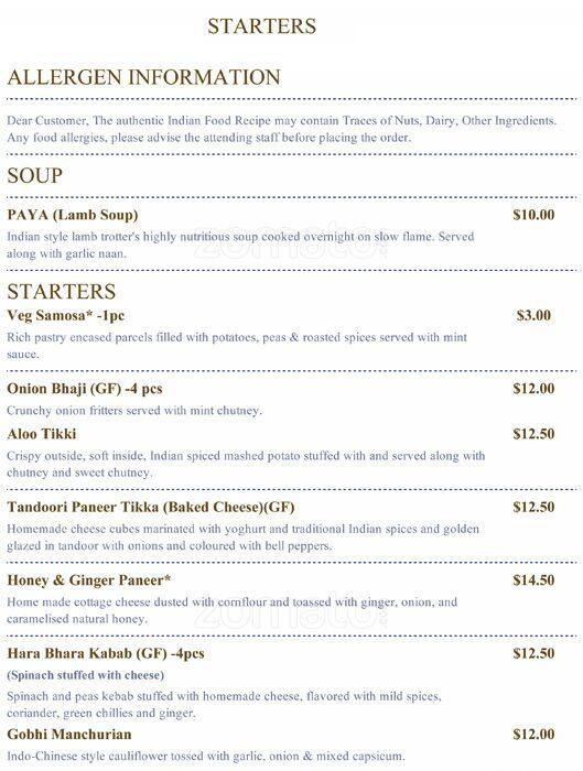 Copper Chimney a Perth Foto del Menu con Prezzi Urbanspoon/Zomato