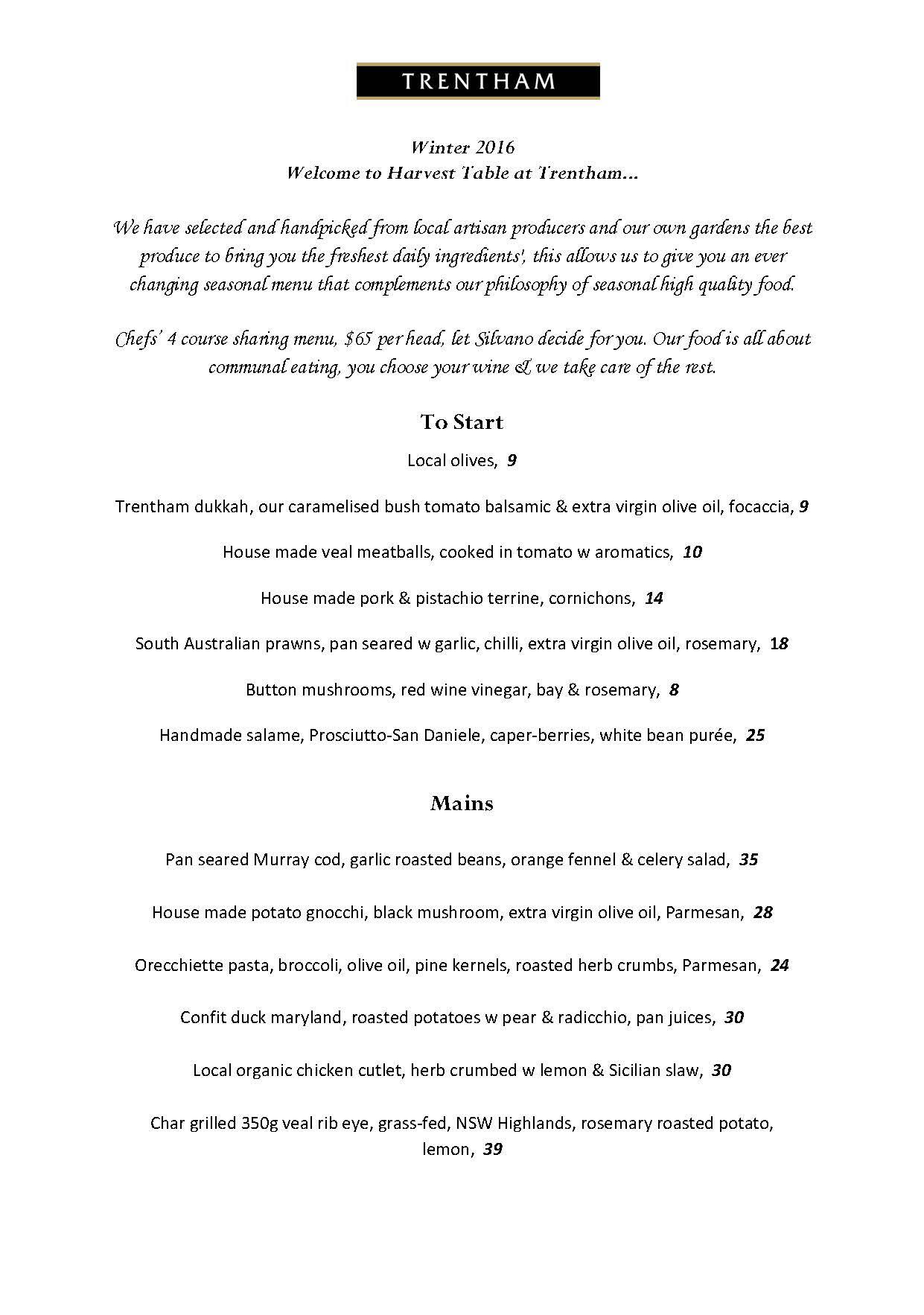 Trentham Estate Winery Menu, Menu for Trentham Estate Winery, Trentham