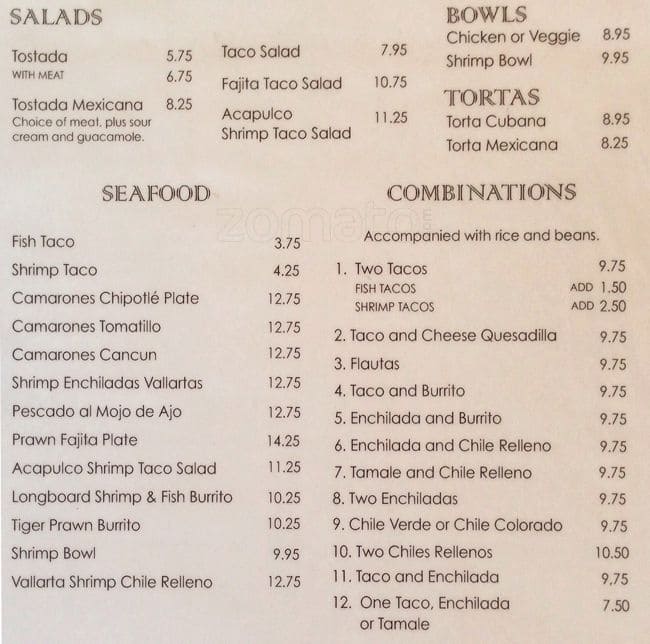 Menu at Tommy's Salsa restaurant, Novato