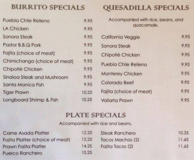 Menu at Tommy's Salsa restaurant, Novato