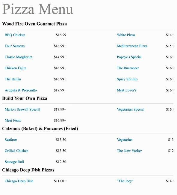 Menu at Mario's Seawall Italian Restaurant, Galveston, 628 Seawall Blvd