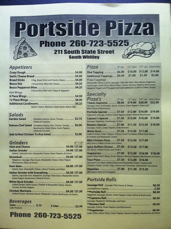Menu At Portside Pizza Restaurant South Whitley Portside Pizza Menu