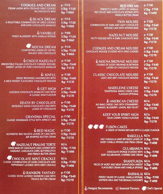 Hangout Cakes & Gourmet Foods menu