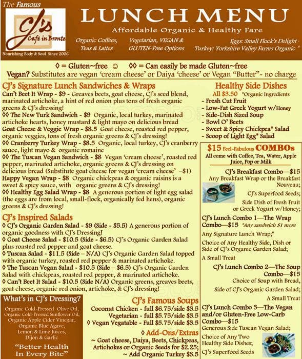 Cj S Cafe Menu Menu For Cj S Cafe Oakville Toronto