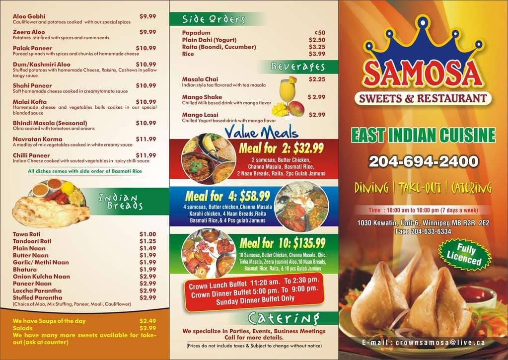 Menu de Samosa Crown Sweets & Restaurant