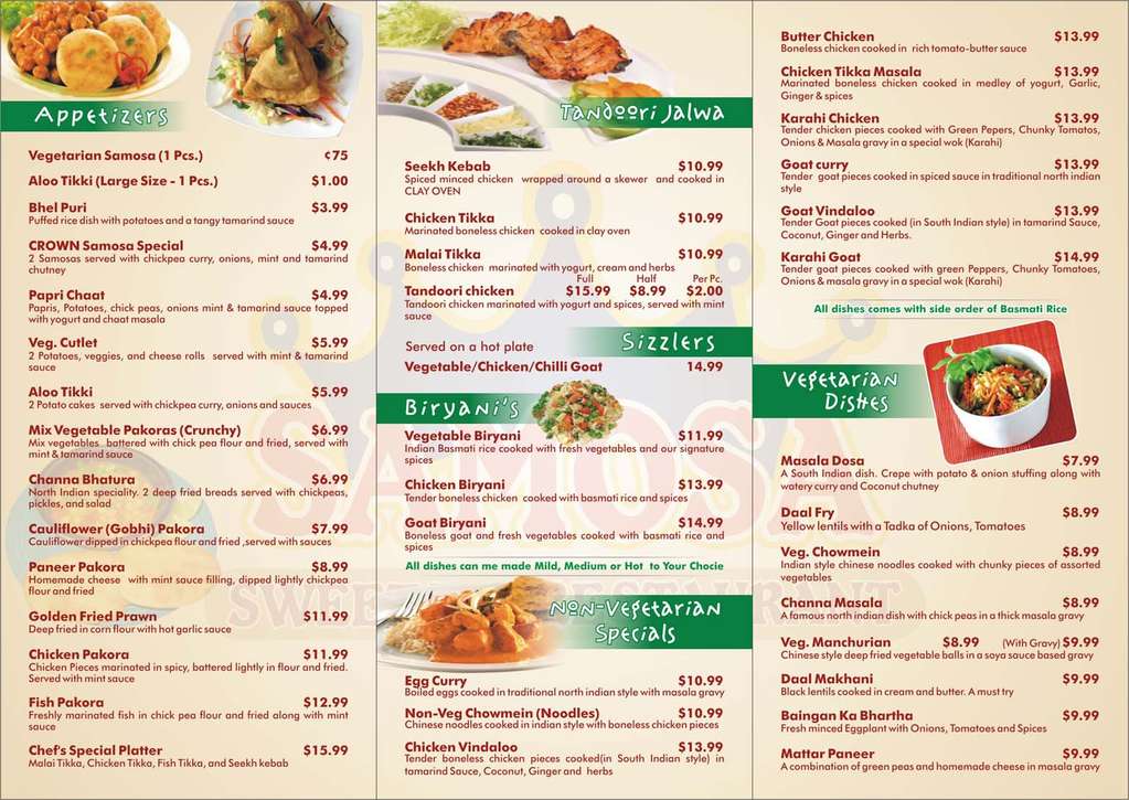 Menu de Samosa Crown Sweets & Restaurant