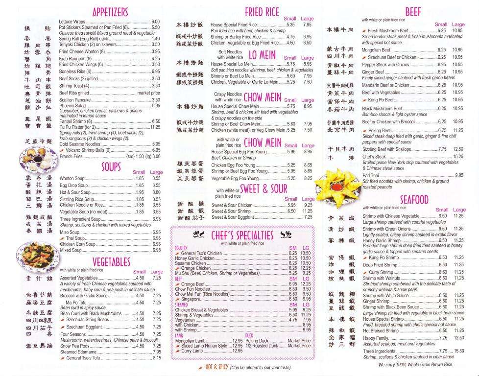 Chopsticks menu, Menu restauracji Chopsticks, West Palm Beach, Miami
