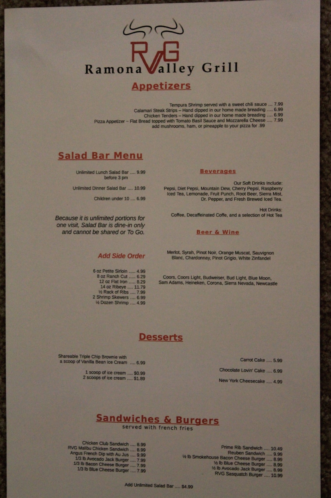 Ramona Valley Grill Menu, Menu for Ramona Valley Grill, Ramona, San