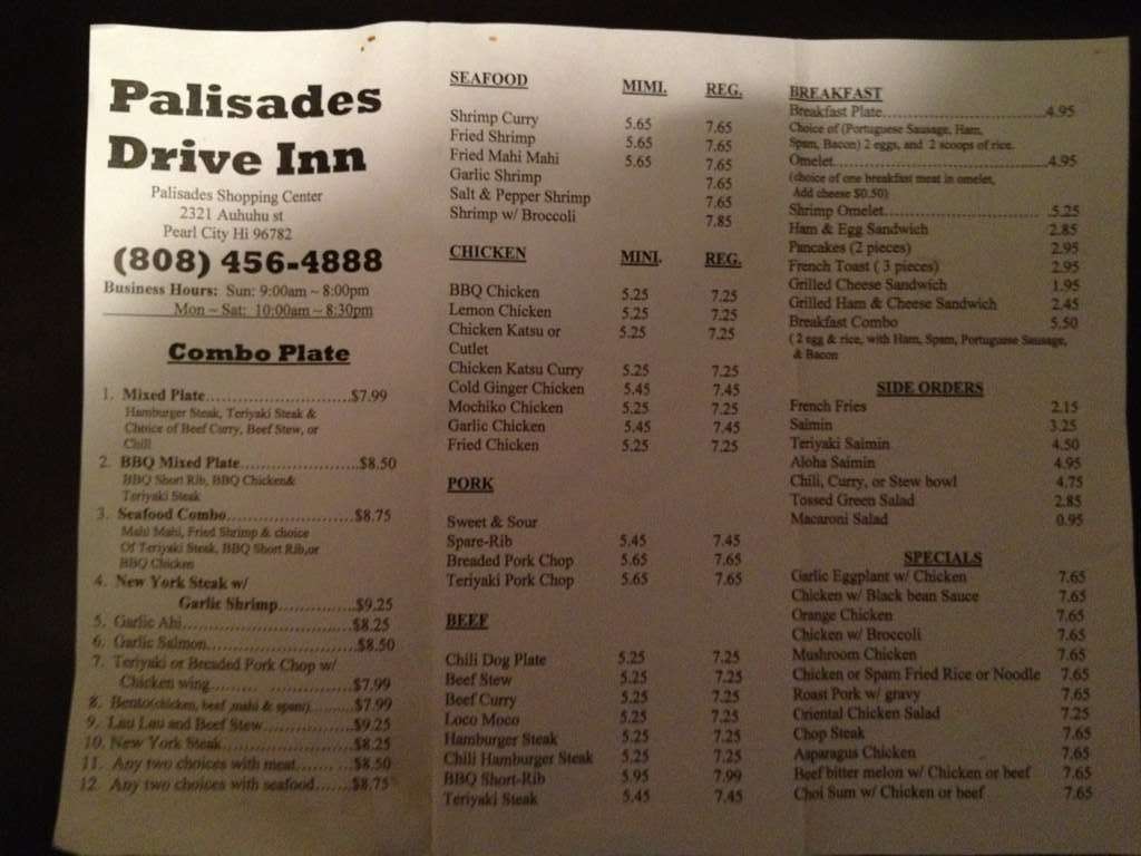 Menu at Palisades Drive Inn BBQ, Pearl City, Auhuhu St