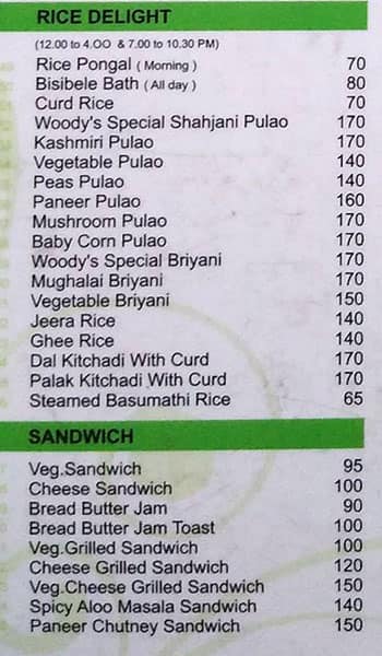 Woodys menu