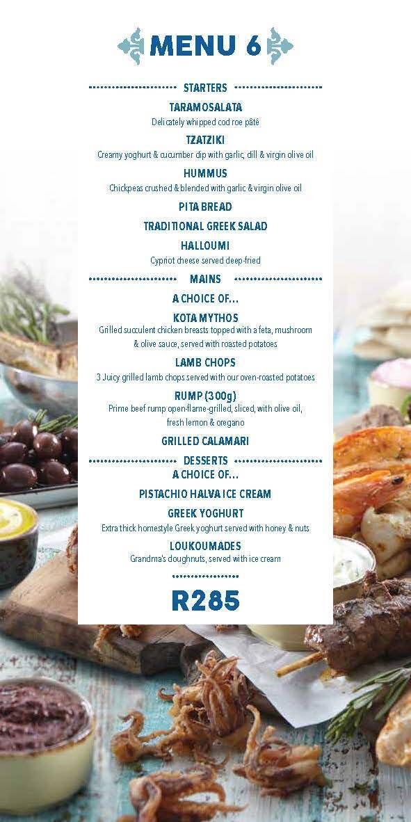 Menu at Mythos restaurant, Krugersdorp, 17 Hendrik Potgieter Rd