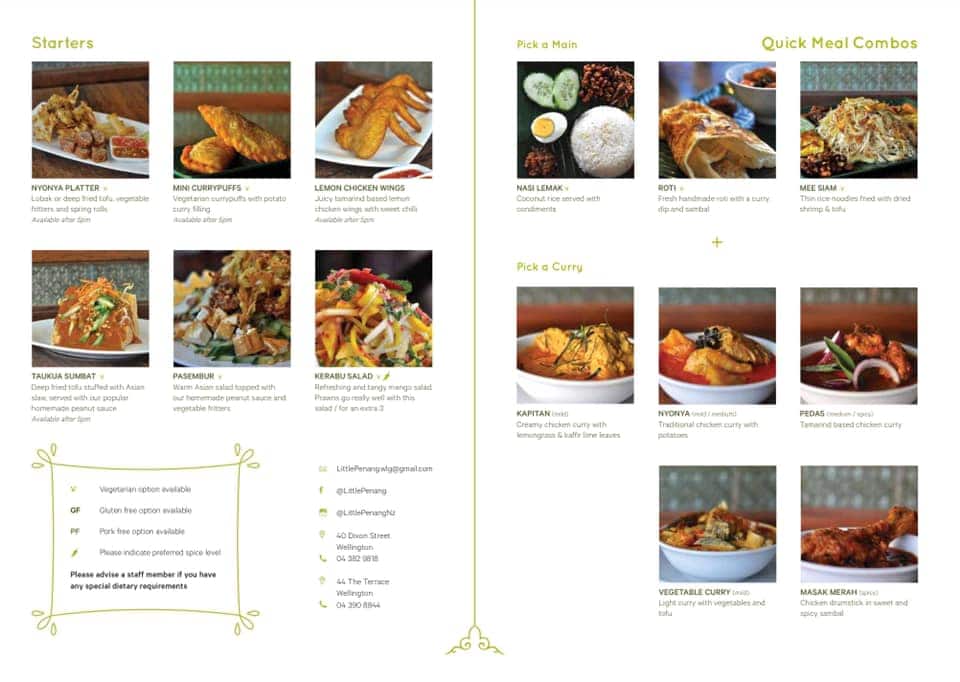 Menu at Little Penang restaurant, Wellington, 175 Victoria St