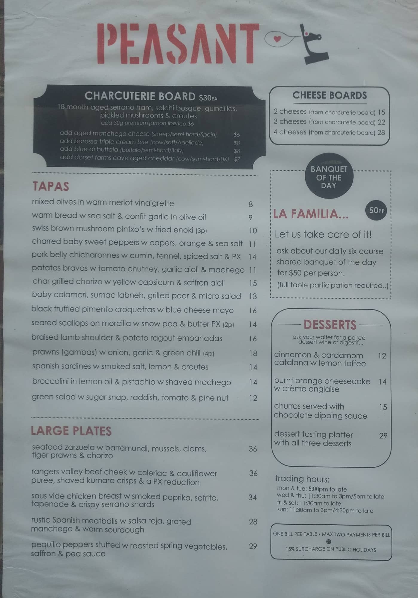 Menu at Peasant Restaurant, Brisbane City