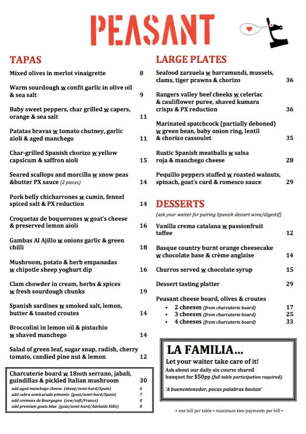 Peasant Menu, Menu untuk Peasant, Petrie Terrace, Brisbane Urbanspoon