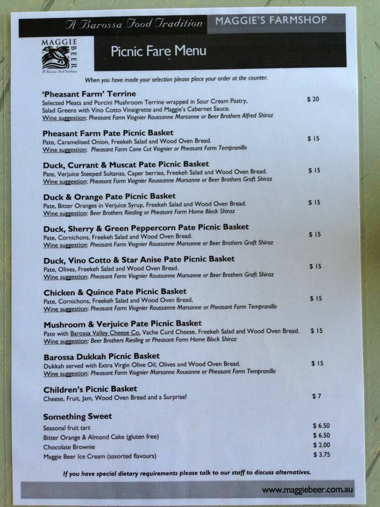 Menu at Maggie Beer's Farm Shop cafe, Nuriootpa