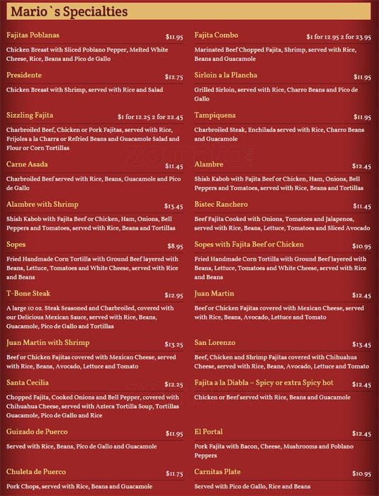 Menu at Mario's restaurant, Spring, 610 Rayford Rd 650