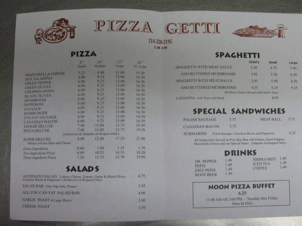 Pizza Getti Menu, Menu v reštaurácii Pizza Getti, Casa View, Dallas