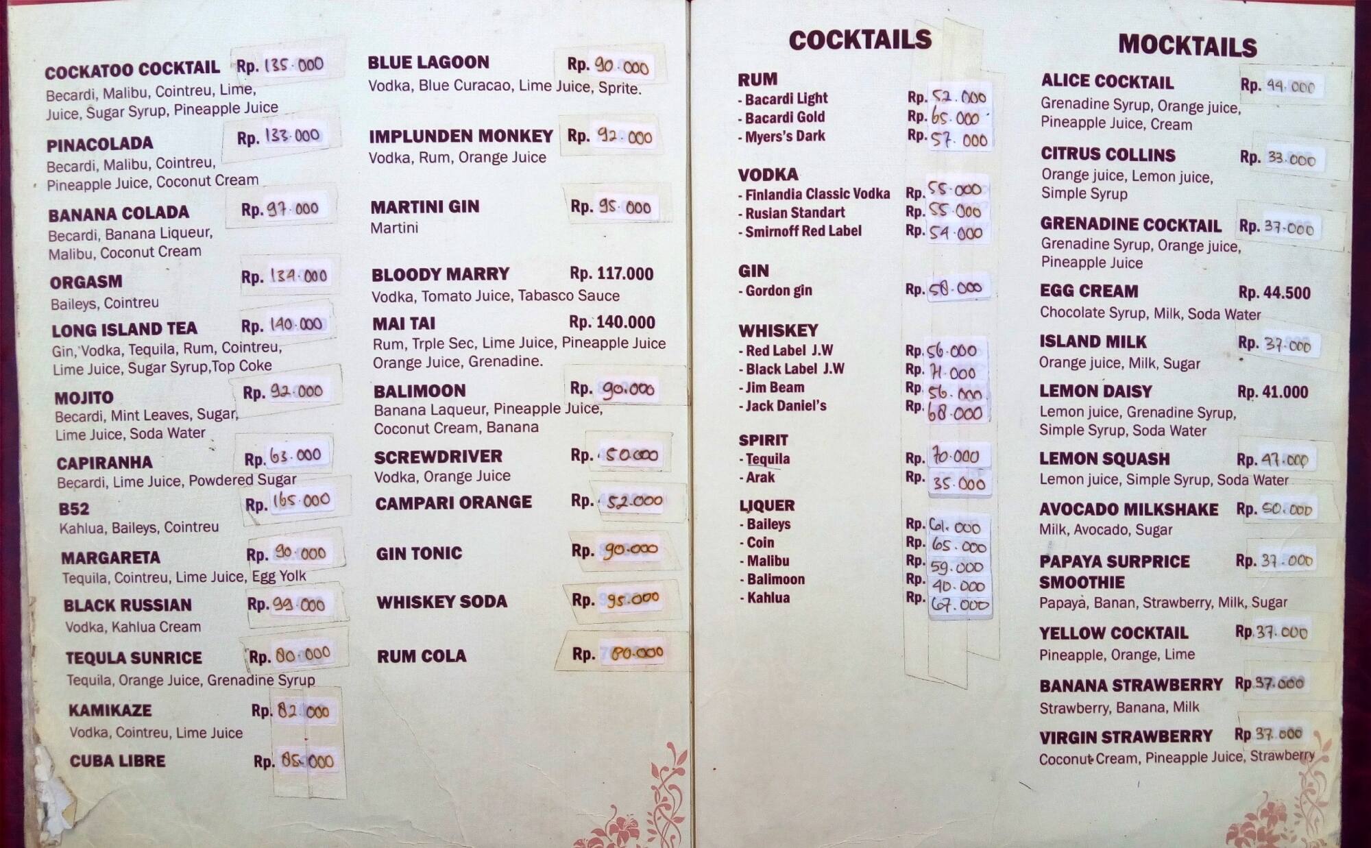 Menu at Cockatoo pub & bar, Jimbaran