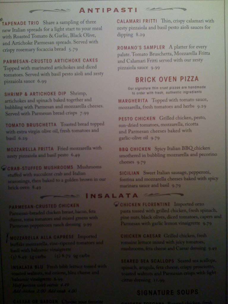 Romano's Macaroni Grill Menu Urbanspoon/Zomato