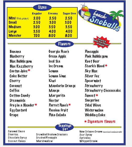 Beach Snoballs Menu, Menu for Beach Snoballs, St Pete Beach/Treasure